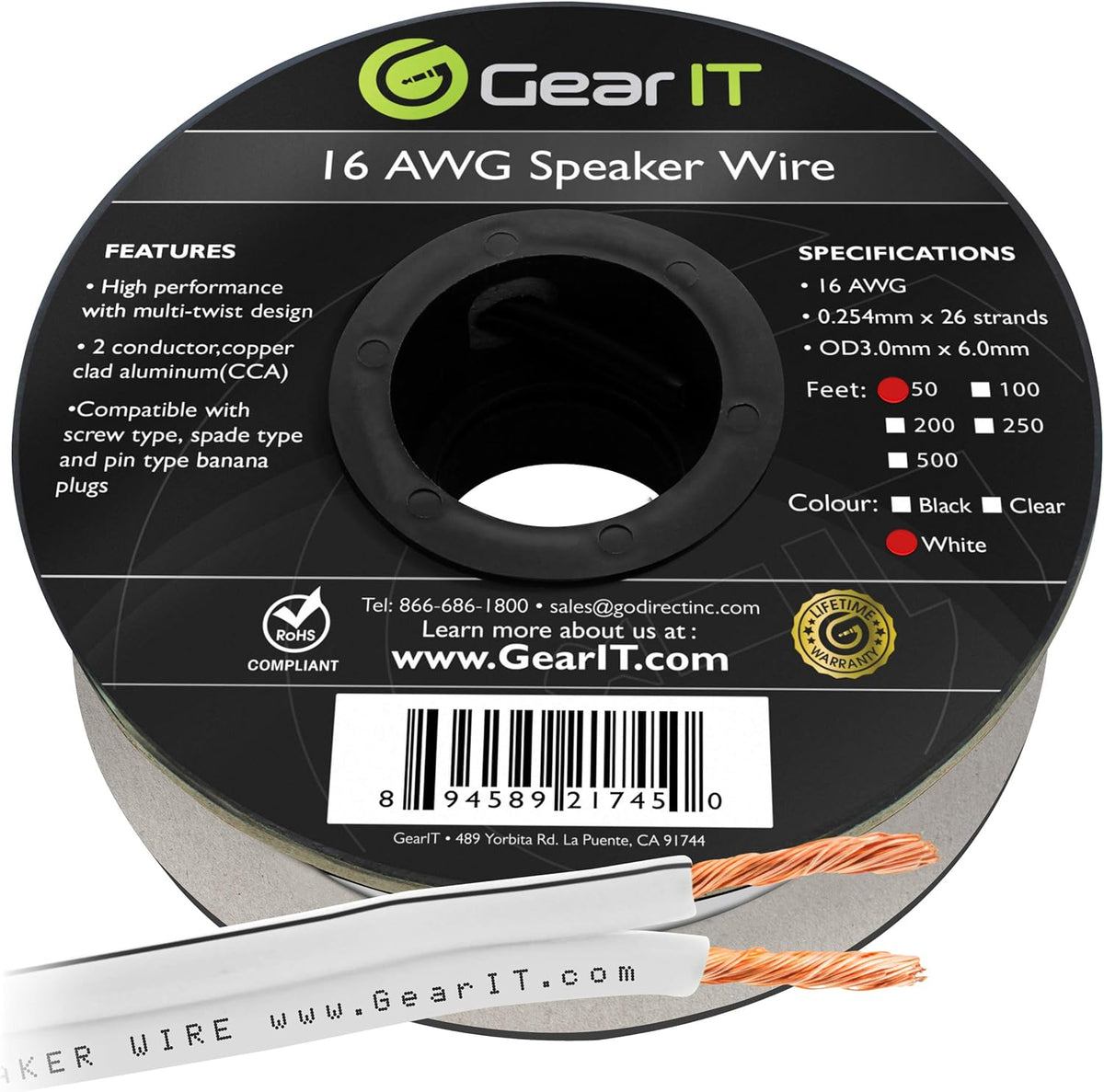 16AWG Speaker Wire Cable 500 Feet White Pack of 2 C4790