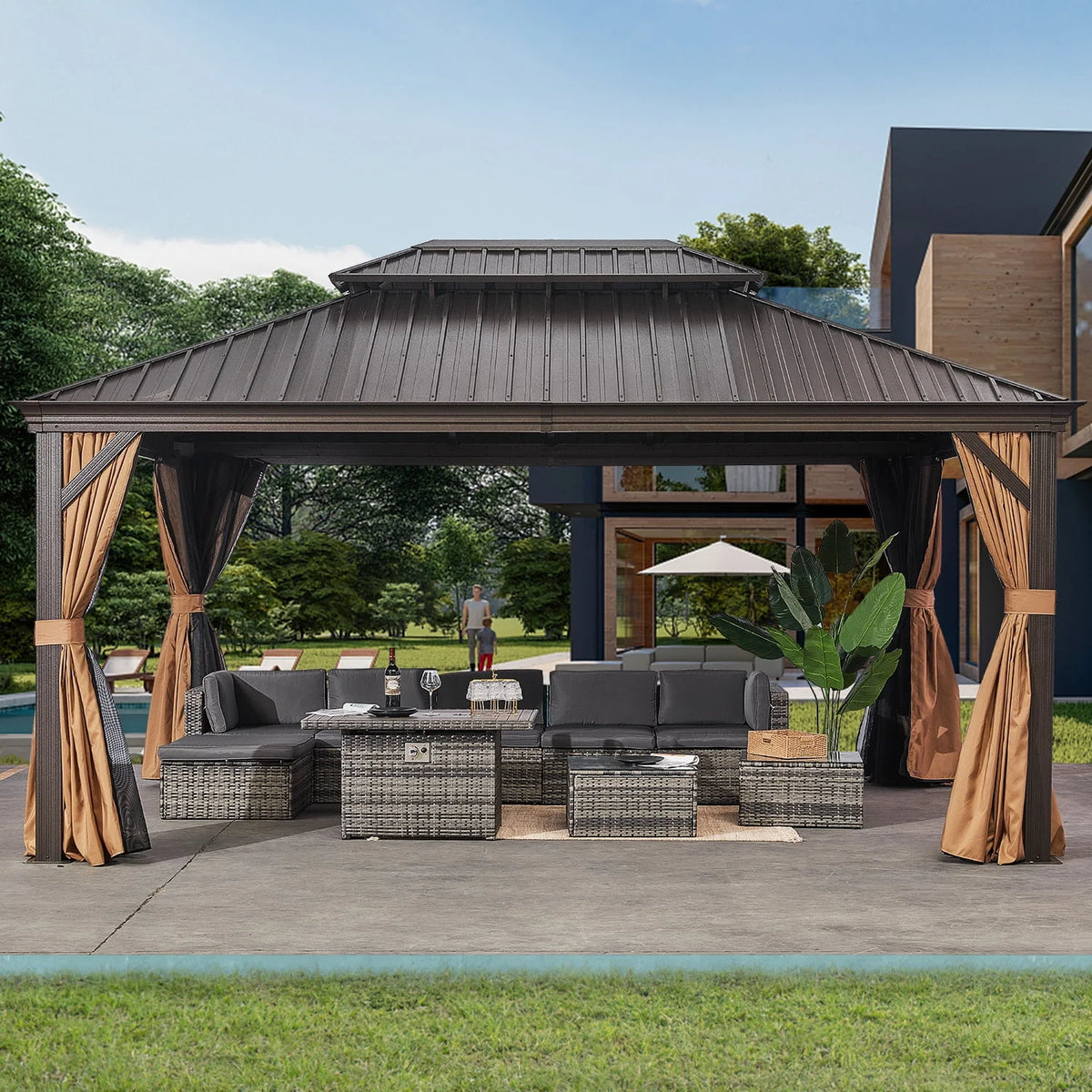 10'x12' Hardtop Aluminum Gazebo with Curtains and Netting J2936