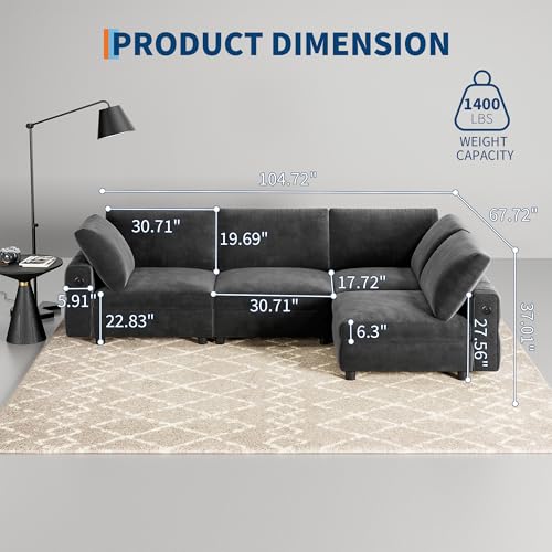 106" Grey Velvet L-Shaped Sectional Sofa with Chaise M118643