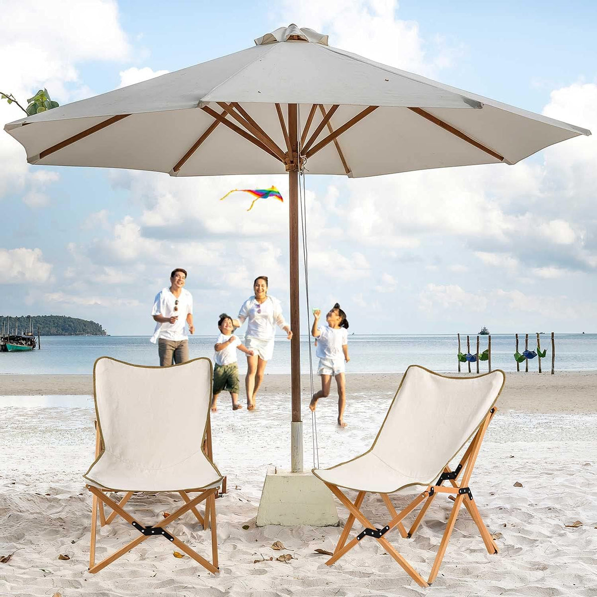 2 Pack Folding Wooden Beach Chairs with Carry Bag R93148