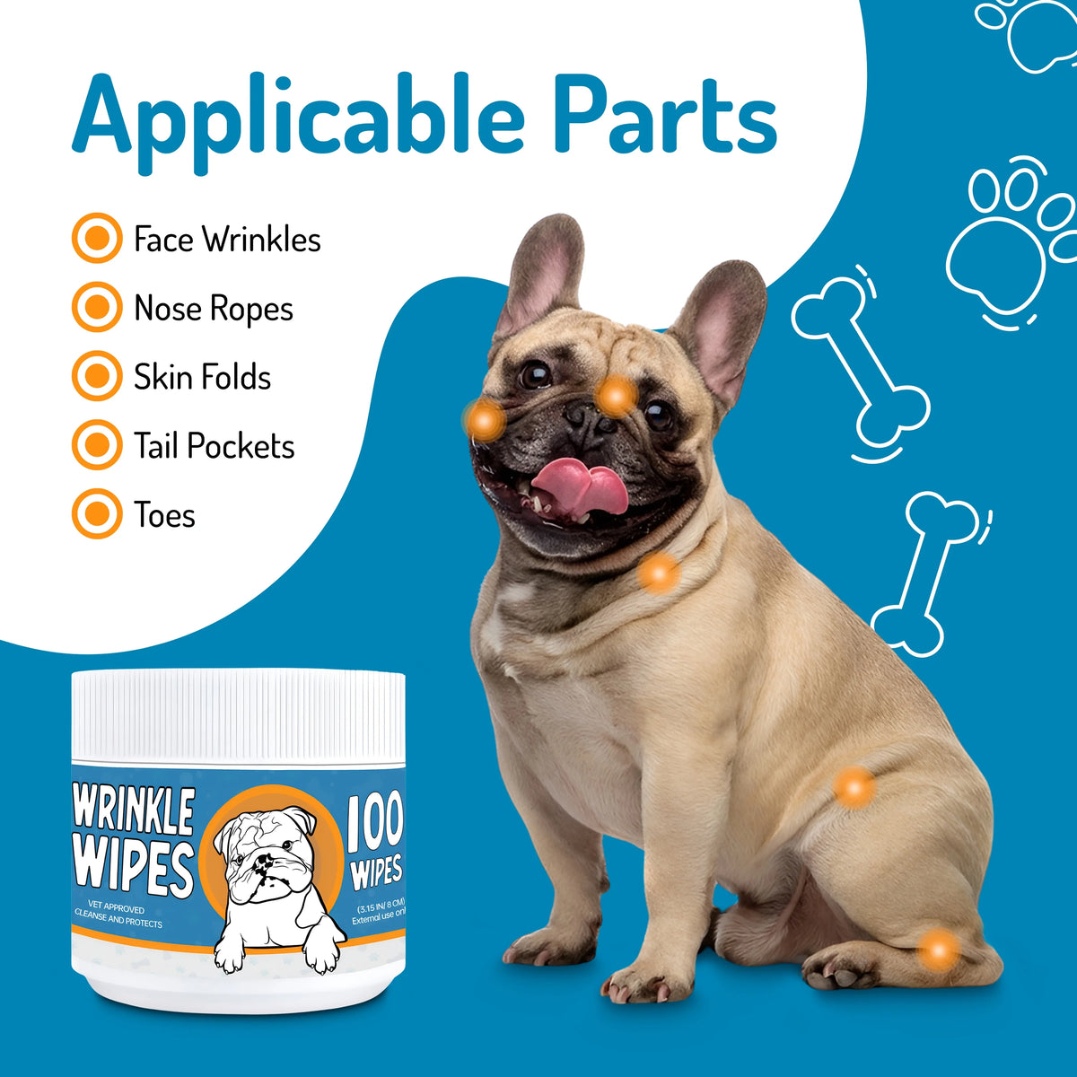 100 Count Dog Wrinkle Wipes for French Bulldog, English Bulldog, Pugs Y69338