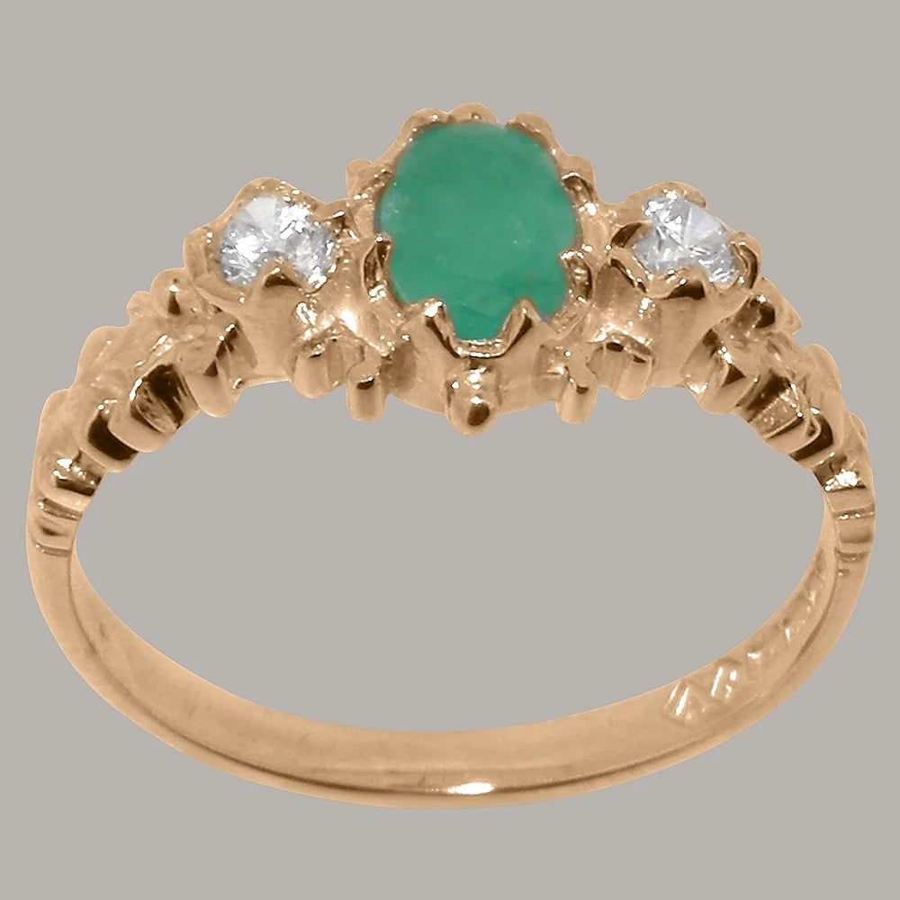 14k Rose Gold Natural Emerald & Diamond Ring V3114
