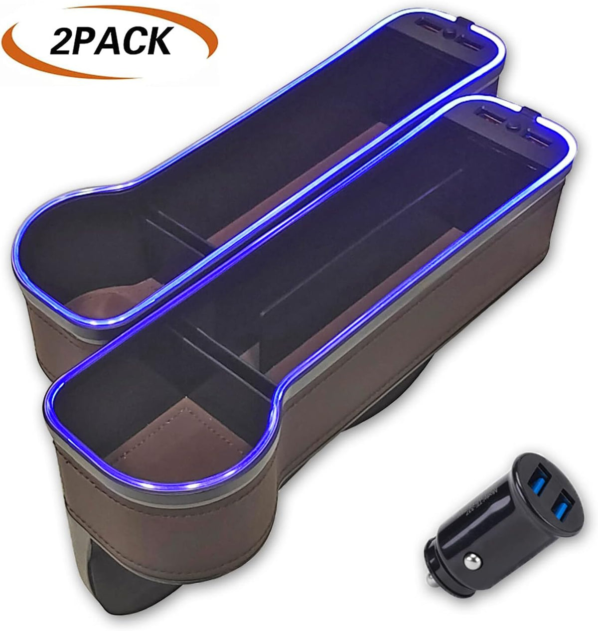 2 Pack Car Cup Holder Seat Organizer with LED Light Bar, Brown K3807