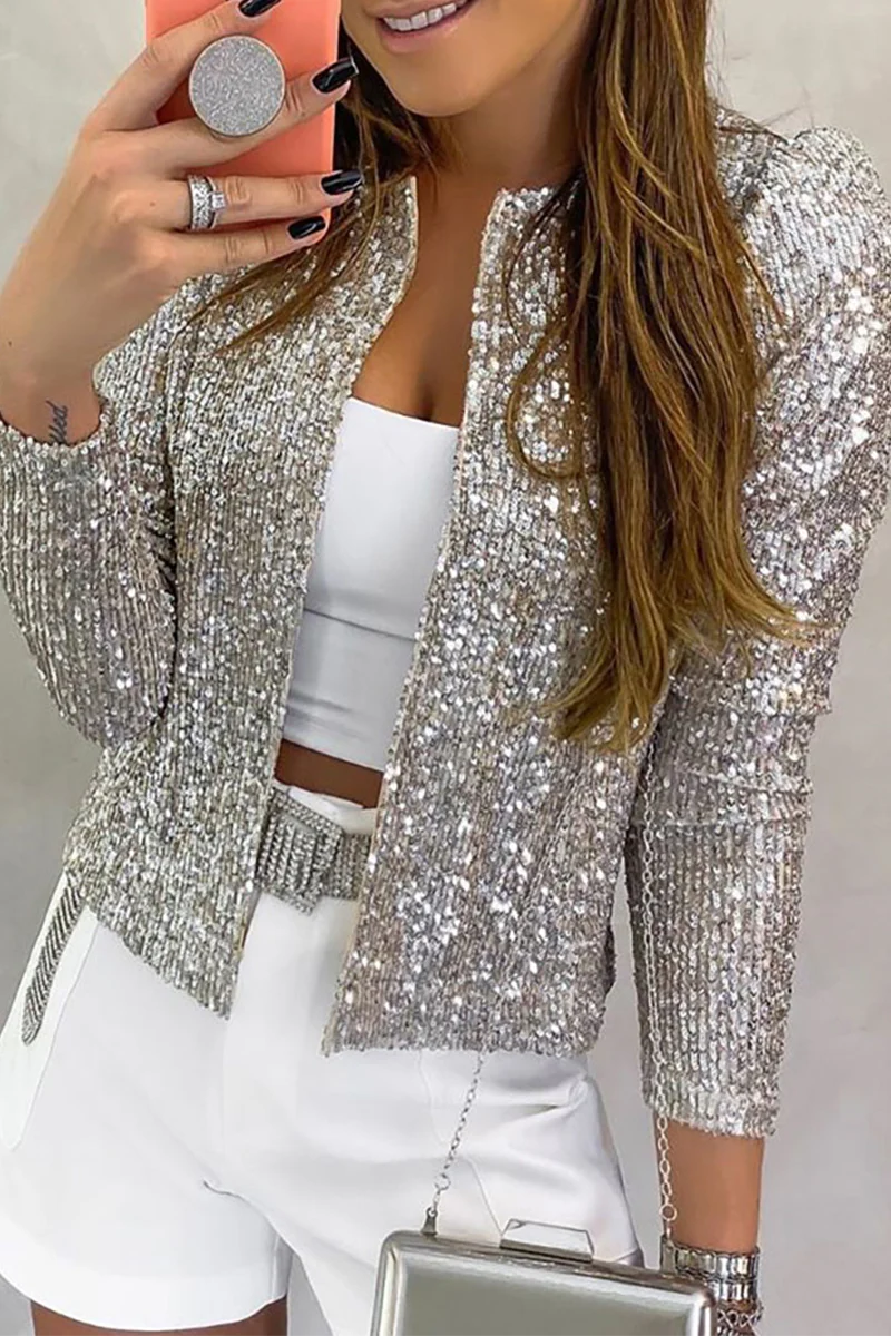 Solid Sequins Patchwork Outerwear E7746