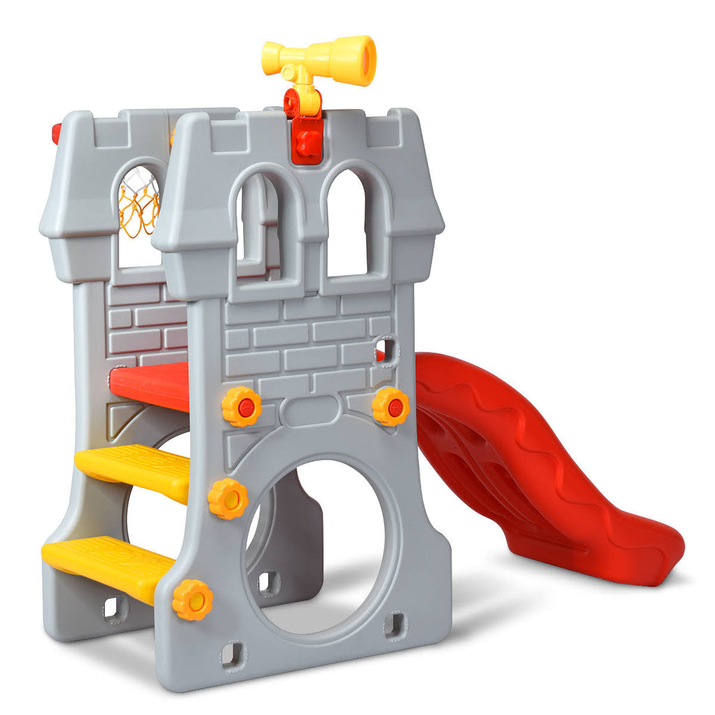 Red Gray Yellow Children Castle Slide with Basketball Hoop and Telescope J860