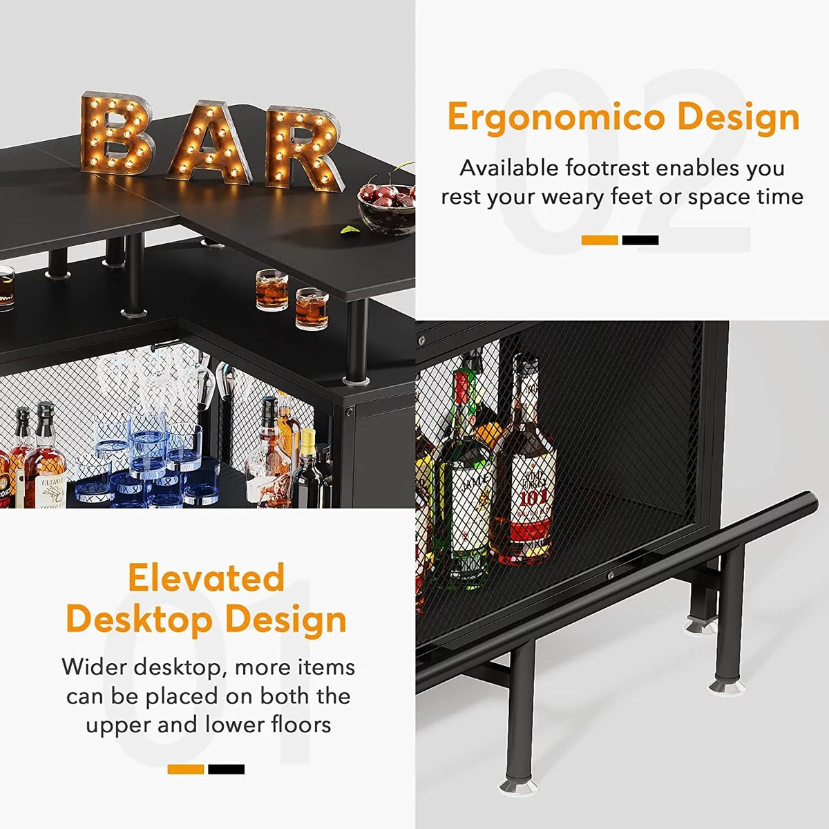 Black L-shape Liquor Bar Table with 2-Tier Storage P5791