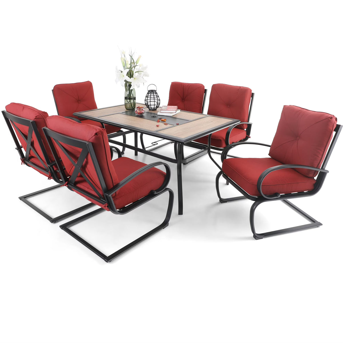 Red 7-Piece Outdoor Dining Set with Rocking Chairs and Rectangle Table with Umbrella Hole Y8945