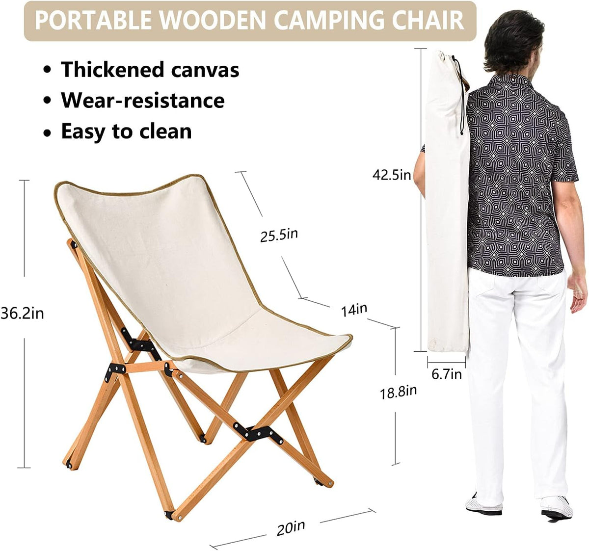 2 Pack Folding Wooden Beach Chairs with Carry Bag R93148