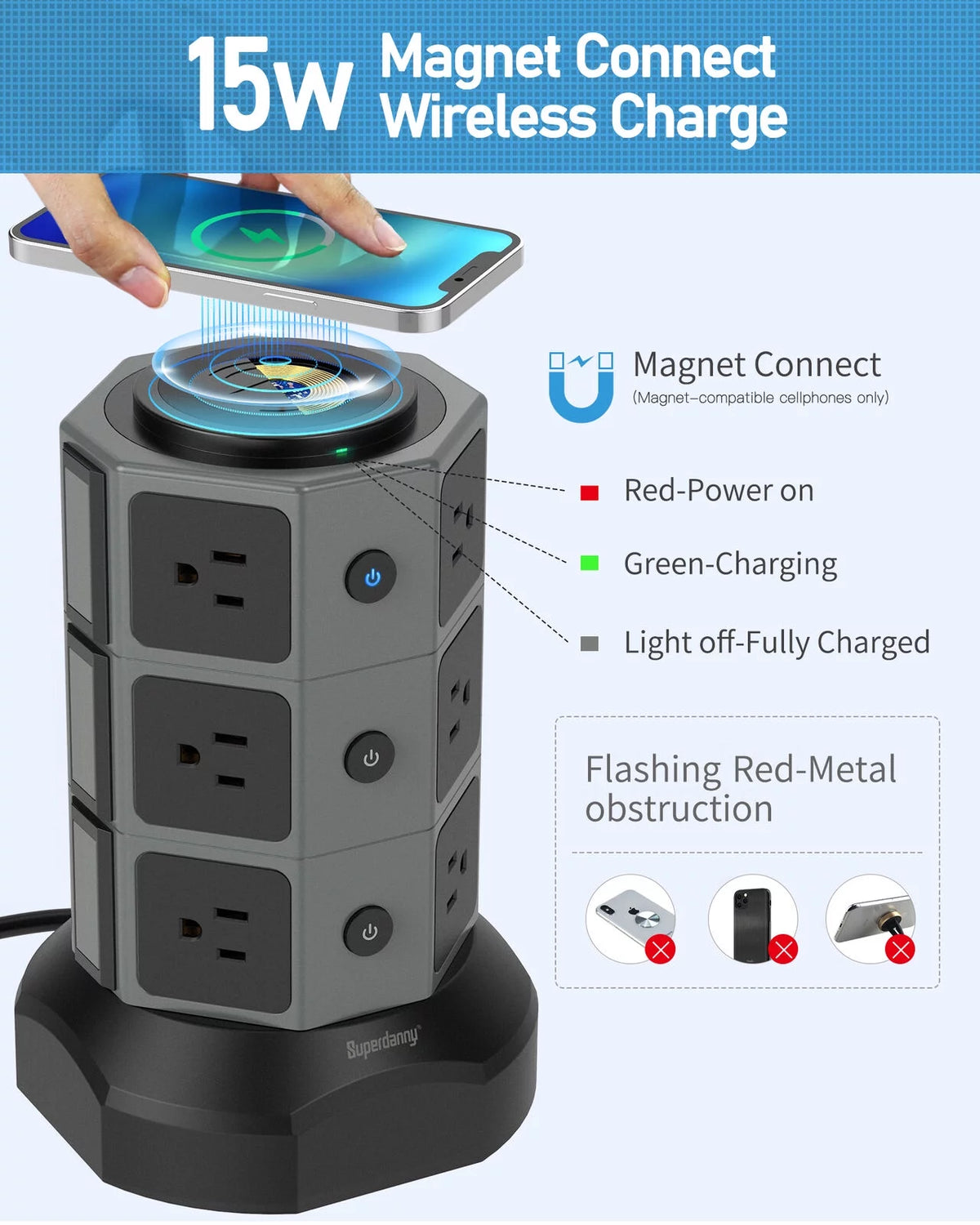 12 AC Outlet 6.5FT Surge Protector Power Strip Tower with USB Ports S82196