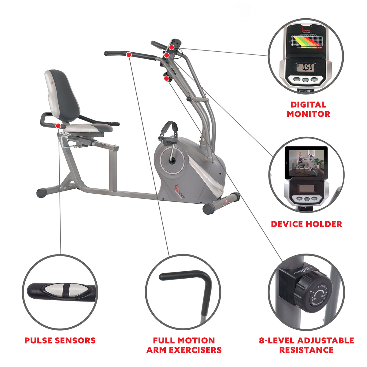 Magnetic Recumbent Bike with Arm Exercisers O349