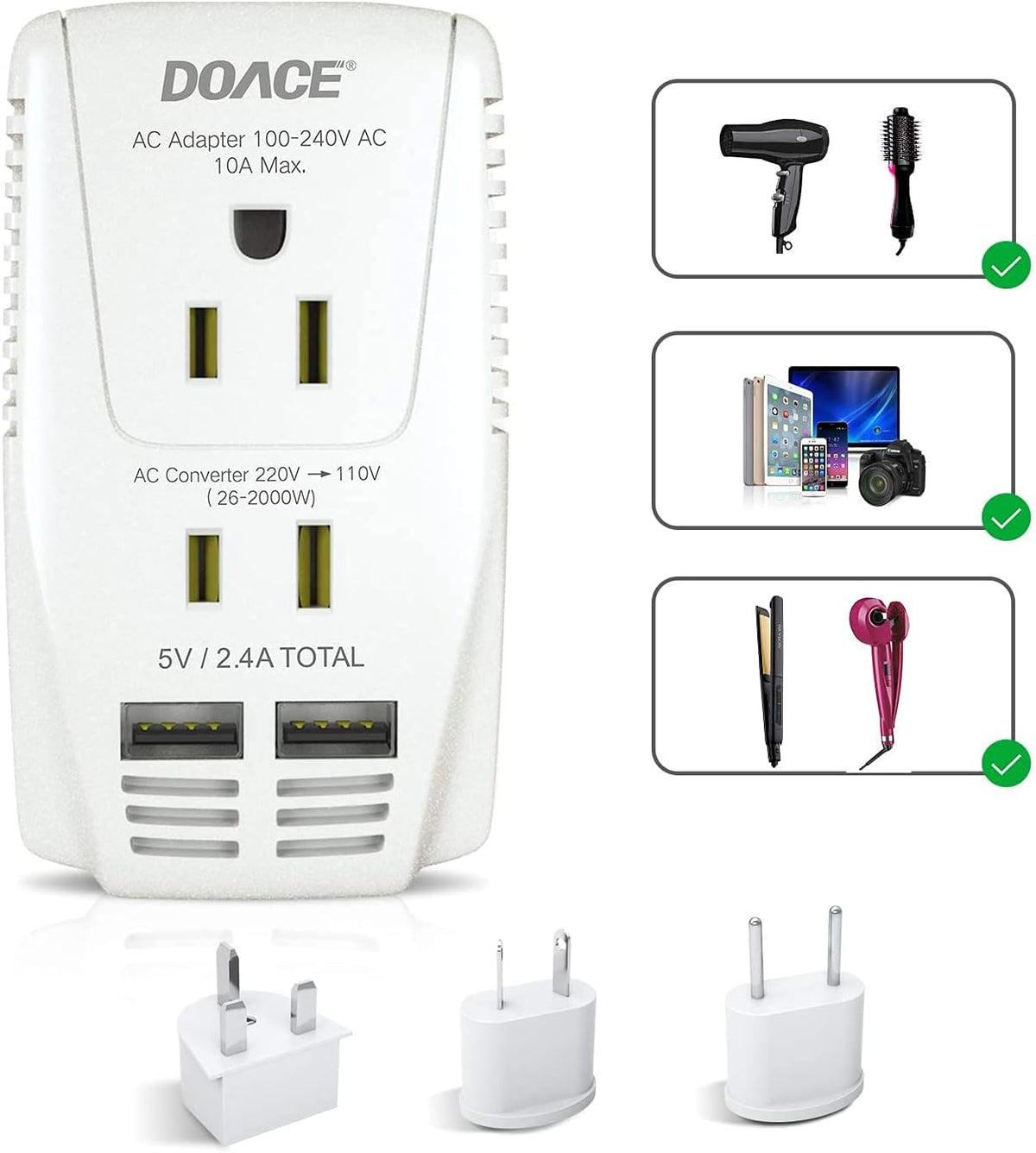 2000W Travel Voltage Converter with 2 USB and EU/UK/AU/US Plugs E275210