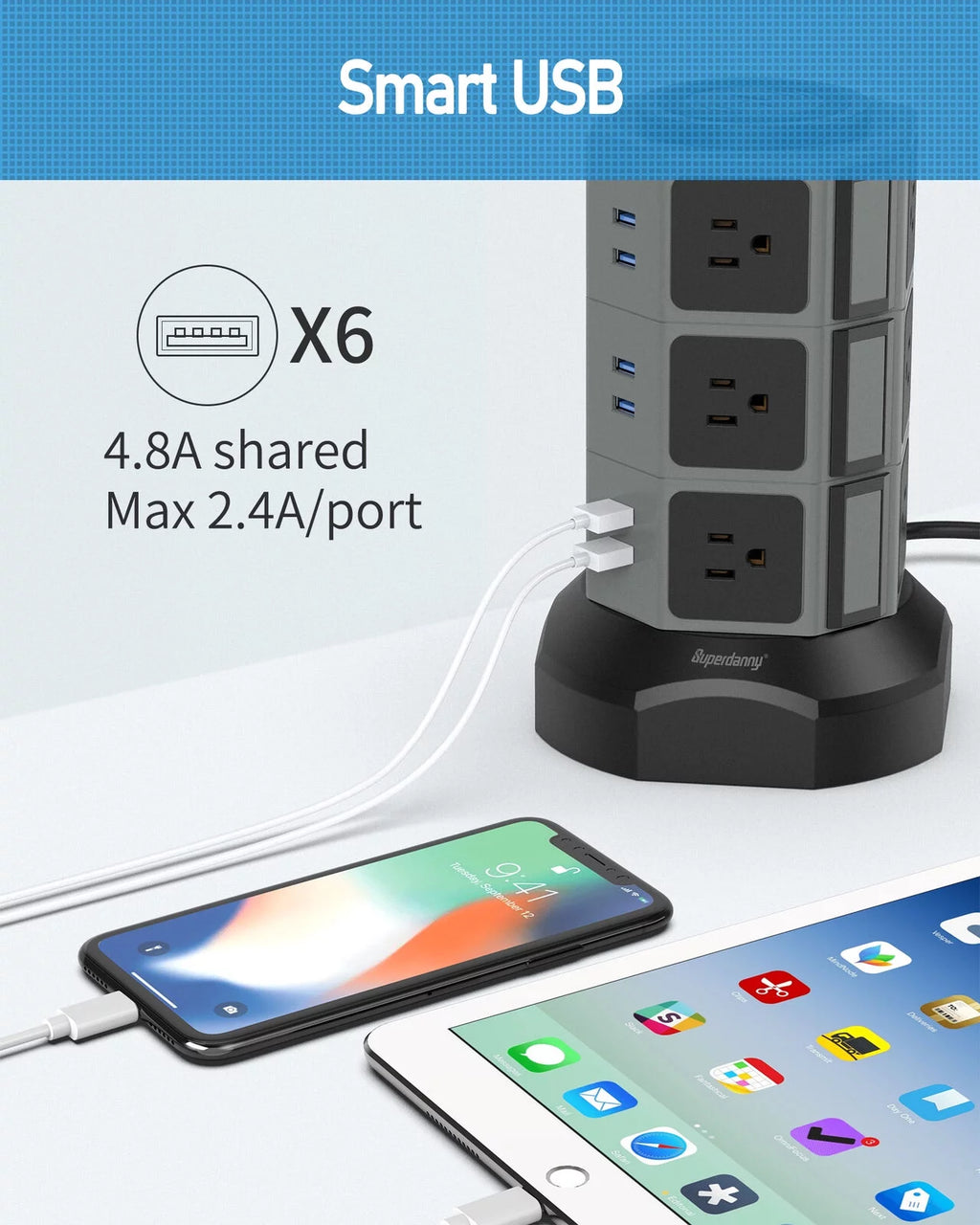 12 AC Outlet 6.5FT Surge Protector Power Strip Tower with USB Ports S82196