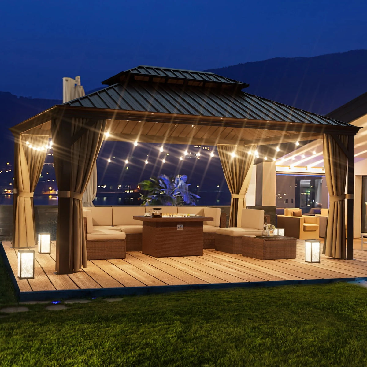 10'x12' Hardtop Aluminum Gazebo with Curtains and Netting J2936