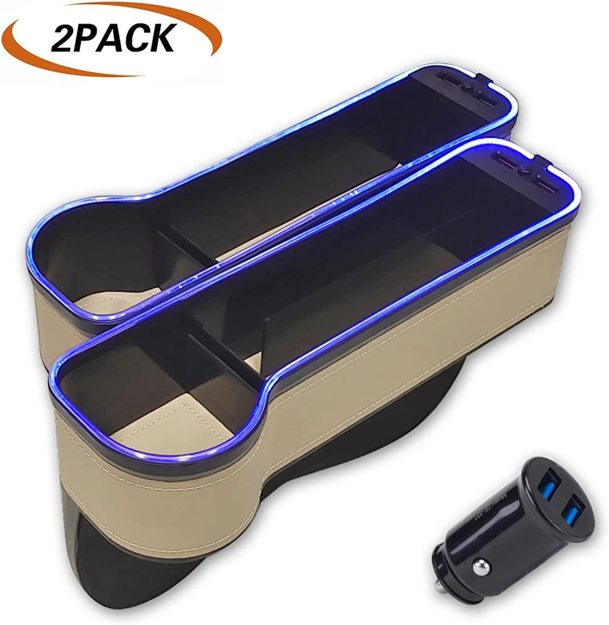 2 Pack Car Cup Holder Seat Organizer with LED Light Bar, Brown K3807