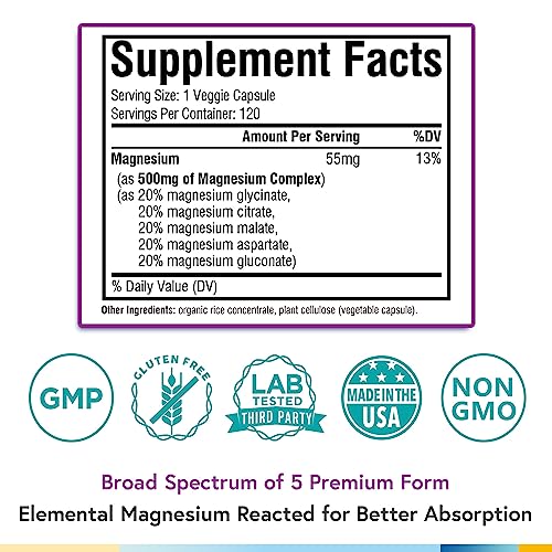 5-in-1 Magnesium Complex Supplement 500mg 240 Vegan Capsules K42373