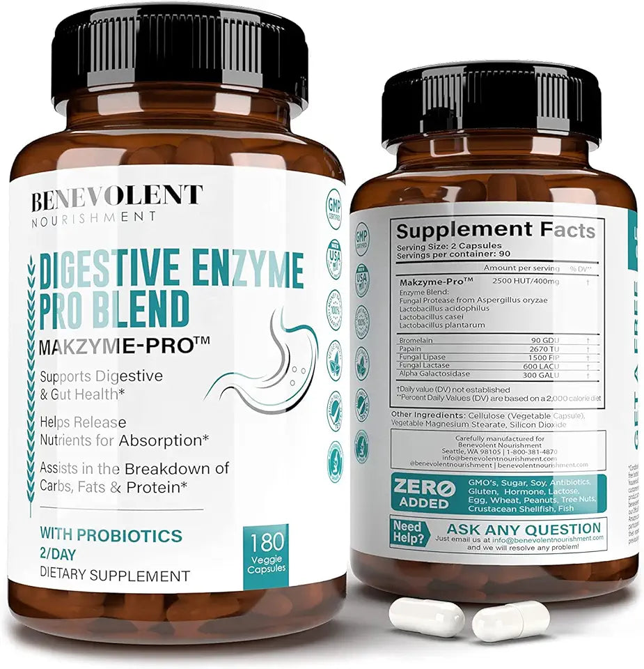 High Fiber Digestive Enzymes Supplement - 180 Capsules, Probiotics Plus Papaya, Bromelain Z4125