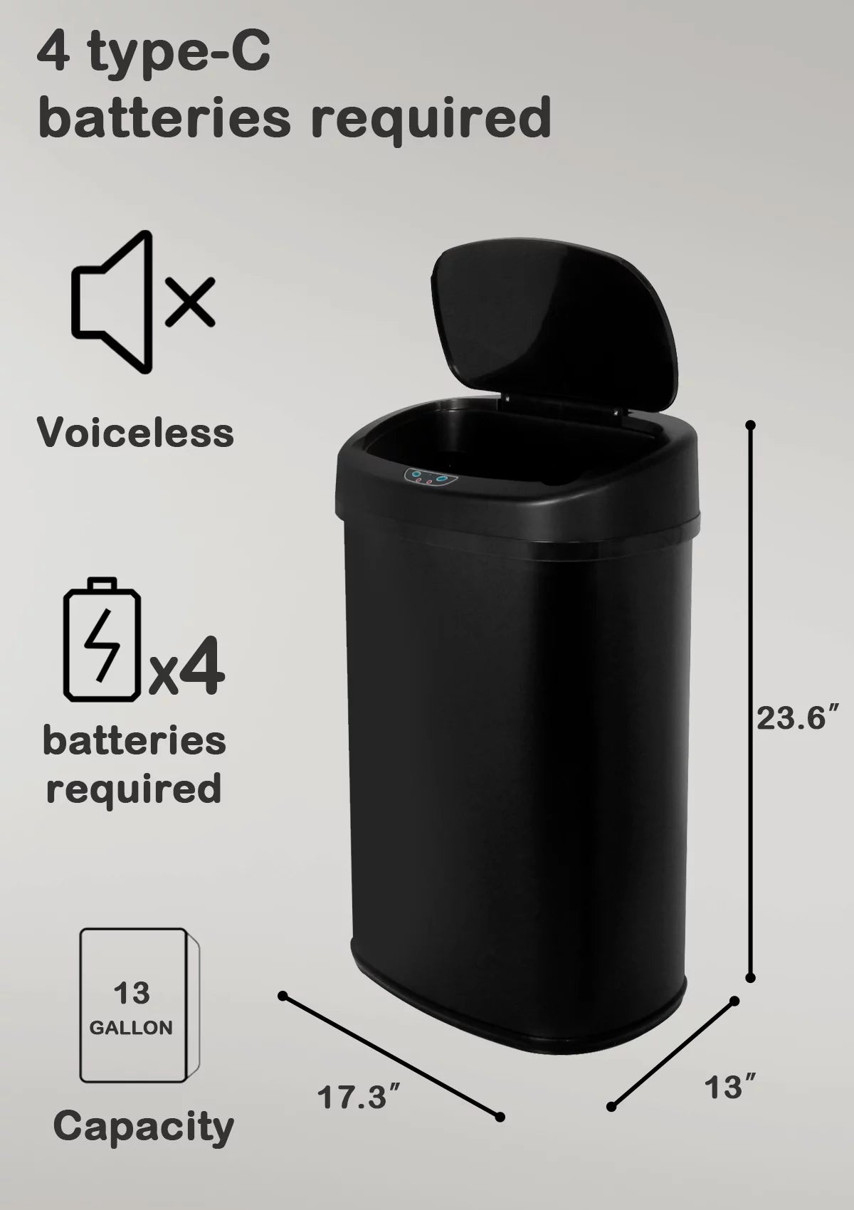 13 Gallon Touch-Free Motion Sensor Stainless-Steel Trash Can with Lid I305