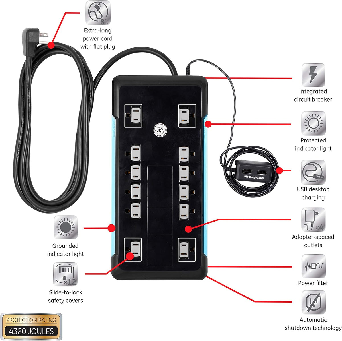 12 Outlet Surge Protector, 2 USB Ports, 8 Ft Power Cord, 4320 Joules, Flat Plug, Black, Pack of 2 S346