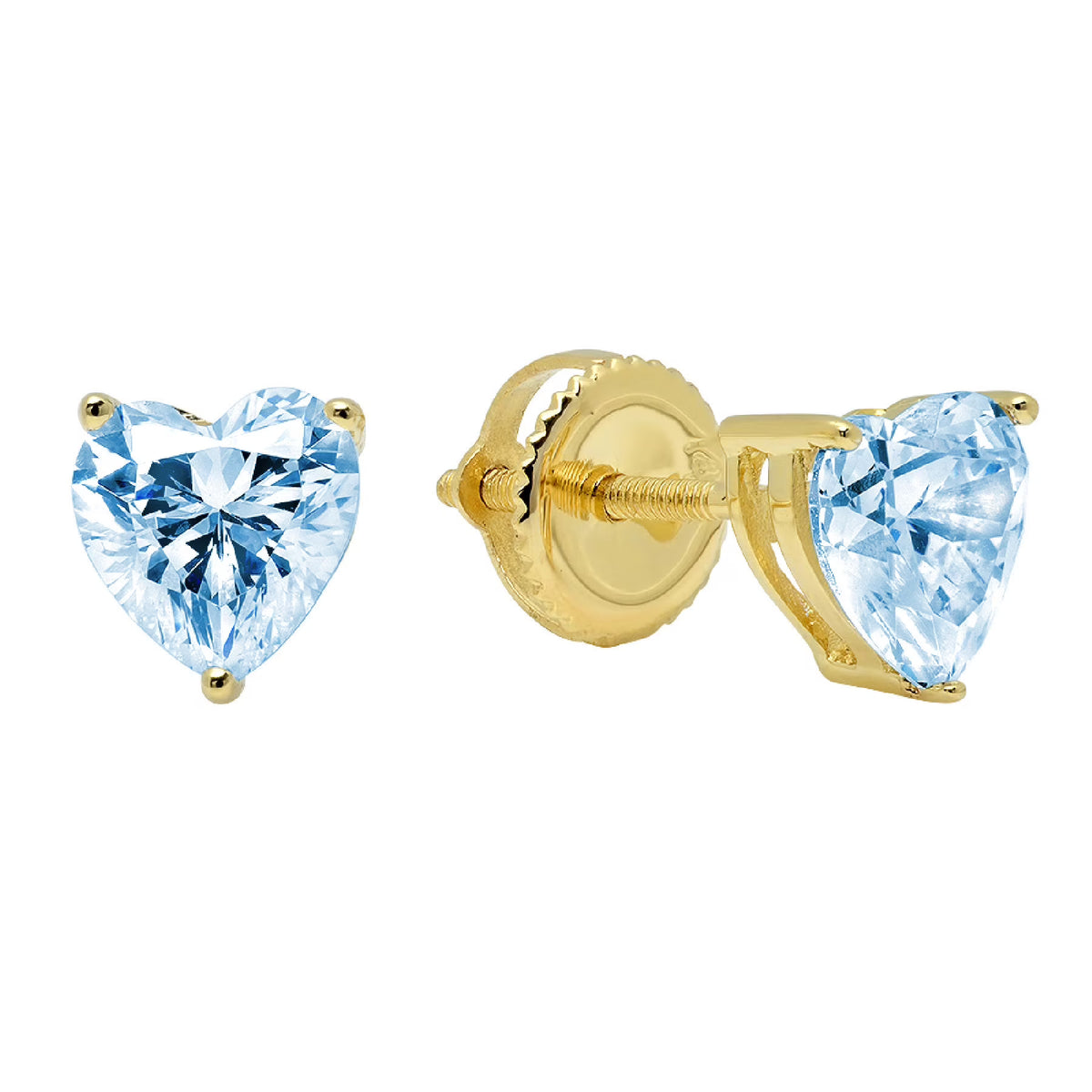1 ct Heart Cut Blue Simulated Diamond Stud Earrings, Solid 18K Yellow Gold, Screw back T826689