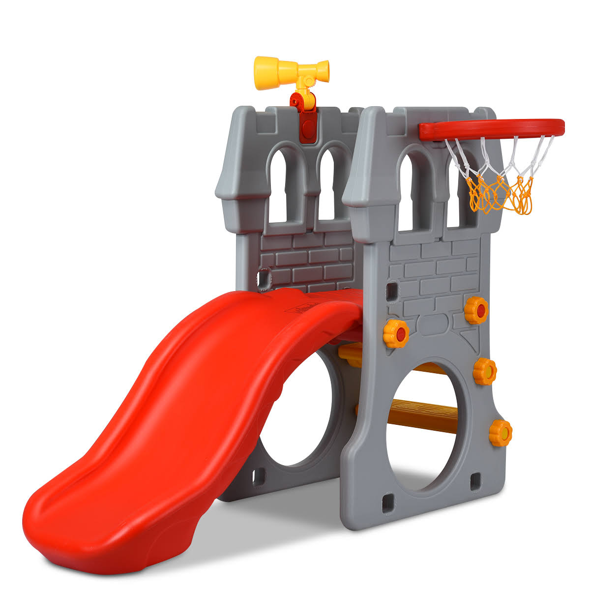 Red Gray Yellow Children Castle Slide with Basketball Hoop and Telescope J860