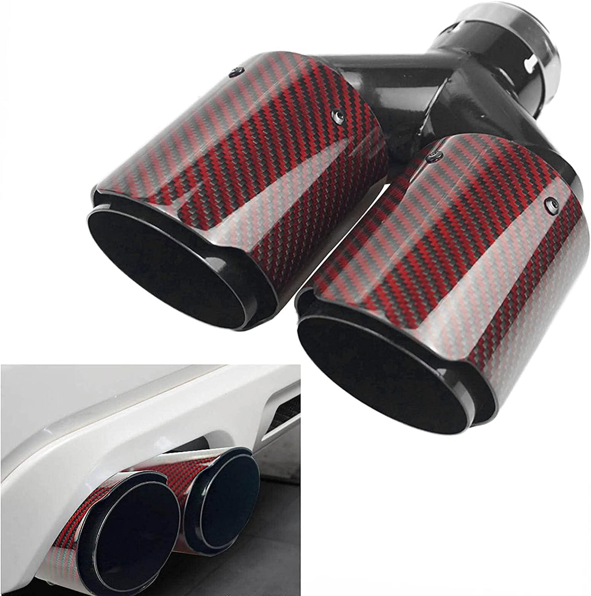 2.5 Inlet 63MM Double Exhaust Tip Carbon Car Tail Tip 3.5 Outlet Glossy Red and Black V1654