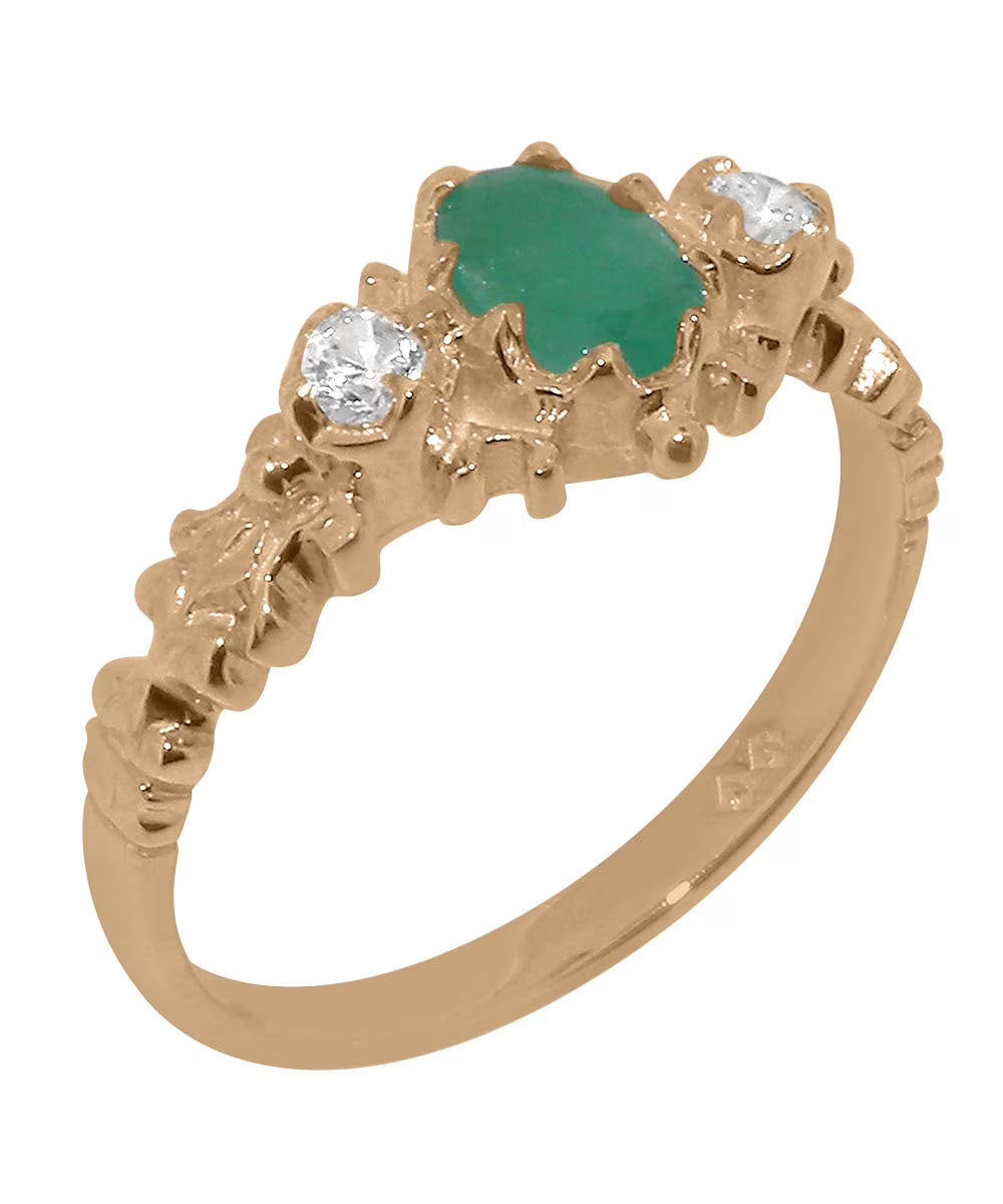 14k Rose Gold Natural Emerald & Diamond Ring V3114