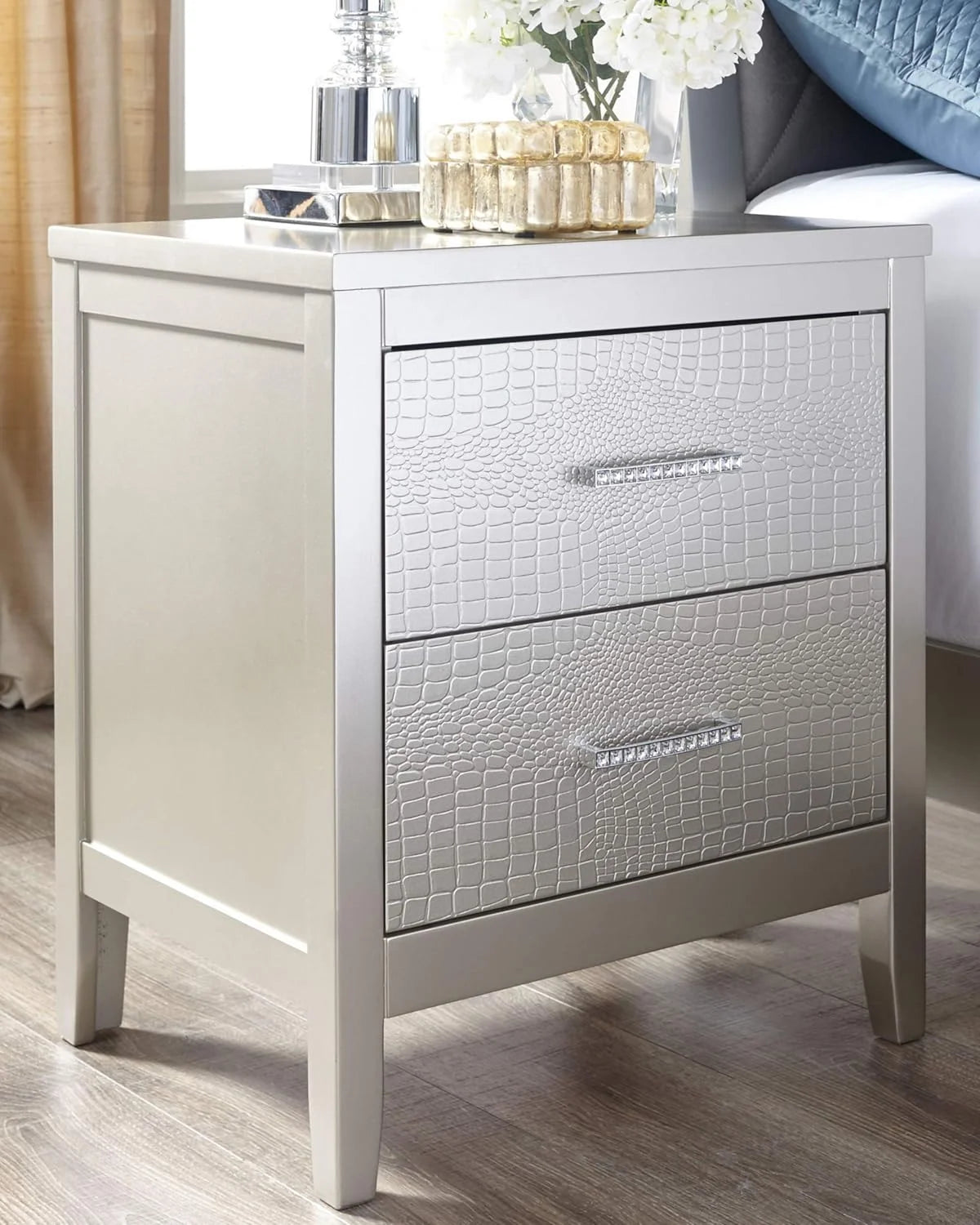 2 Drawer Nightstand with Faux Shagreen Drawer Fronts D8690