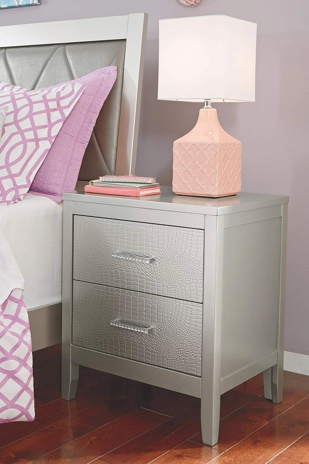 2 Drawer Nightstand with Faux Shagreen Drawer Fronts D8690